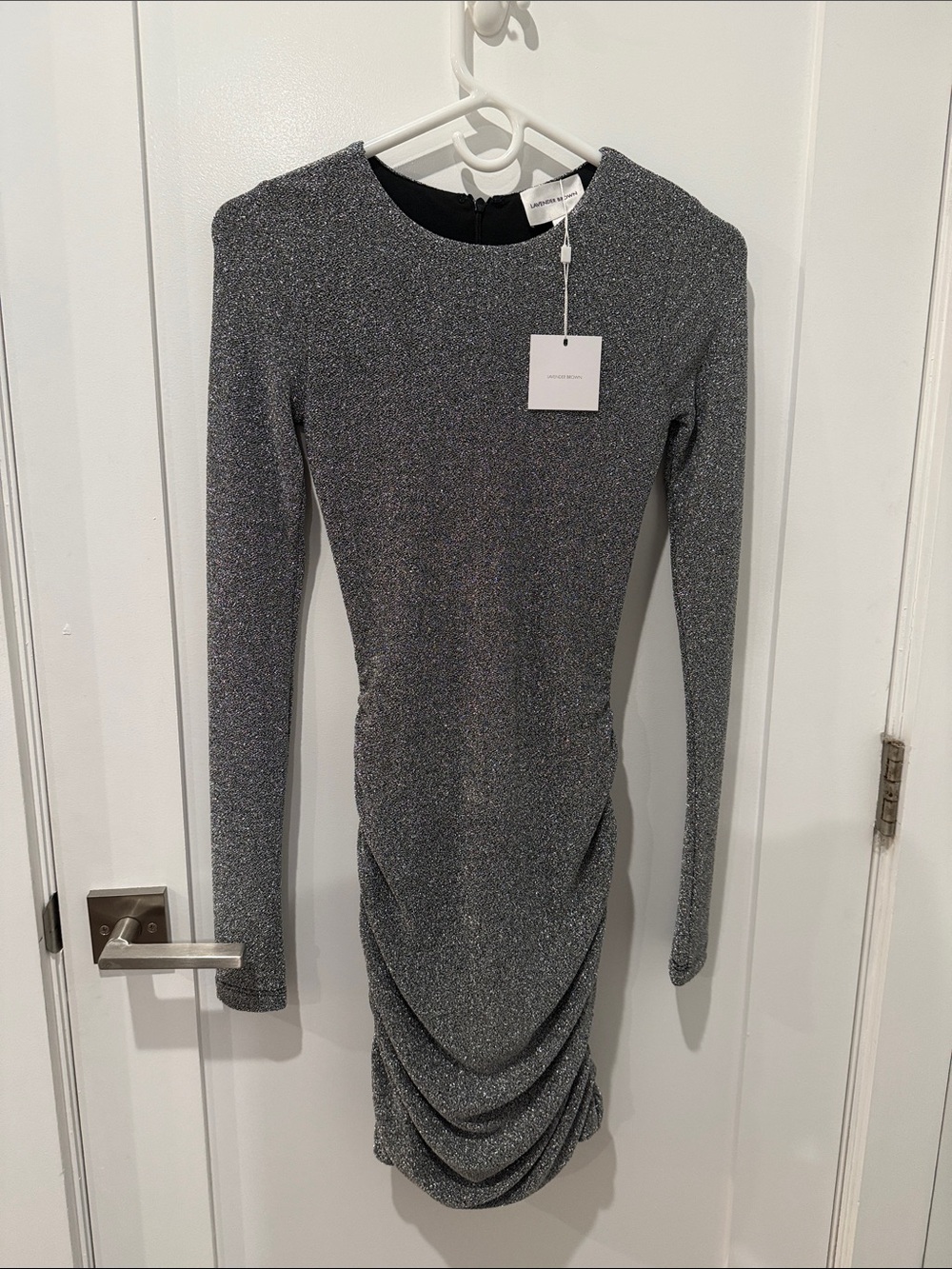 Lavender Brown Silver Sparkle Long-Sleeve Ruched Bodycon Dress